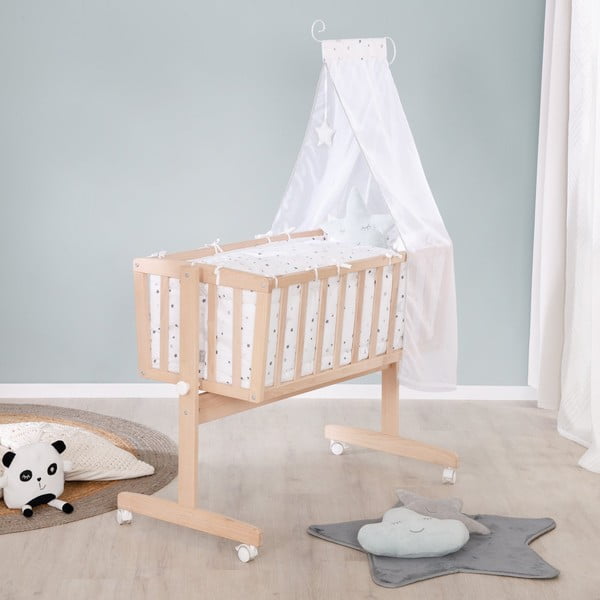 Kolijevka od masivne bukve na kotačićima/s baldihanom 40x90 cm u prirodnoj boji – Roba-image-4