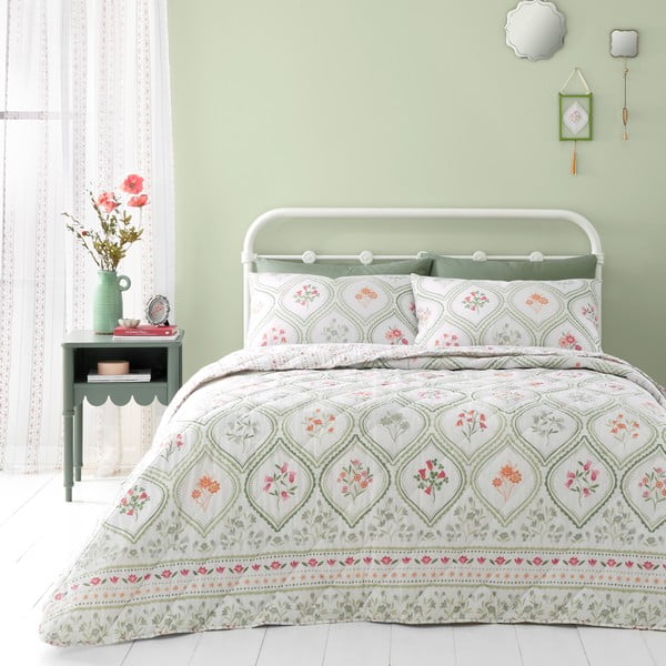 Zeleni/krem prekrivač za bračni krevet 220x230 cm Cameo Floral – Catherine Lansfield