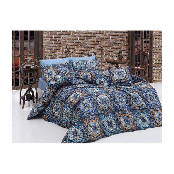 Plava pamučna posteljina s plahtama za krevet za jednu osobu Mandala, 140 x 200 cm