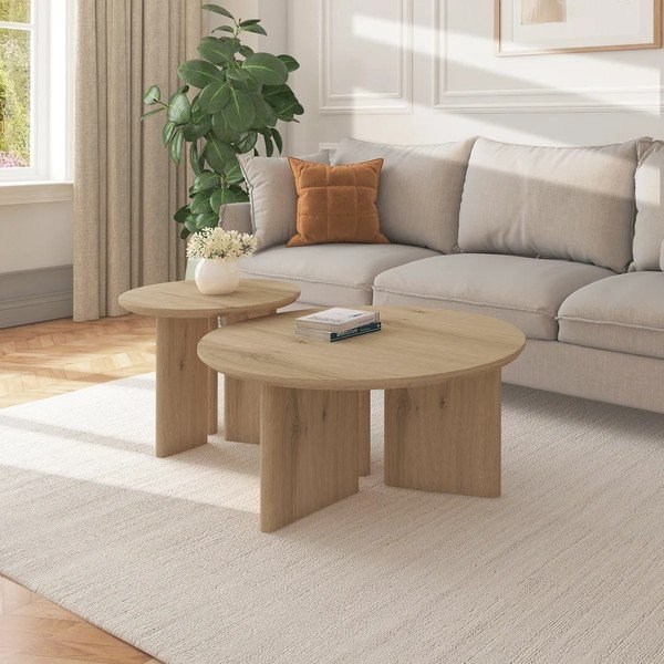 Okrugao stolić za kavu s pločom stola u dekoru hrasta u prirodnoj boji ø 80 cm Chatham – Støraa-image-1