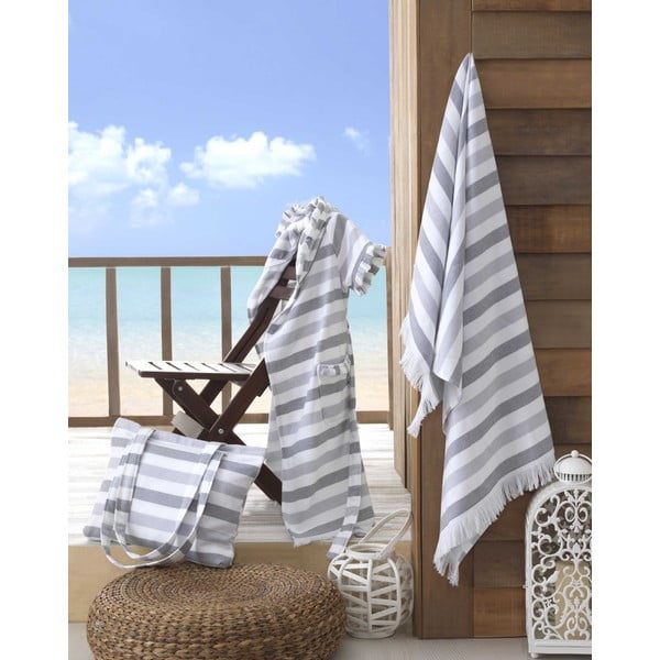 Sivo-bijeli pamučni ručnik za plažu Hobby Stripe, 70 x 140 cm