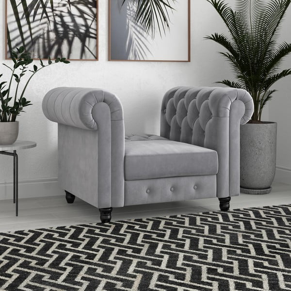 Svijetlo siva baršunasti chesterfield fotelja Felix – Støraa-image-1