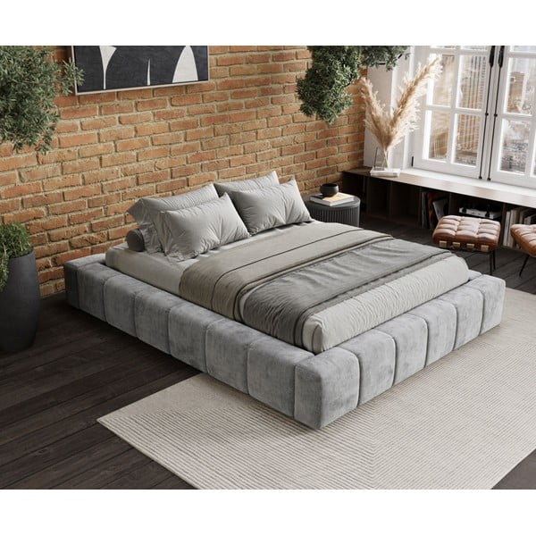 Svijetlo sivi tapecirani bračni krevet s prostorom za pohranu s podnicom 200x200 cm Aruba L – Maison de Rêve-image-1