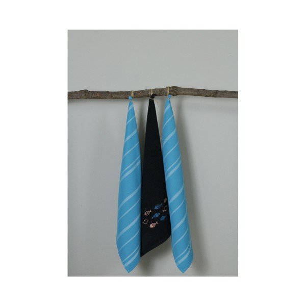 Set 3 plavo-crne kuhinjske krpe My Home Plus Fish, 50 x 70 cm