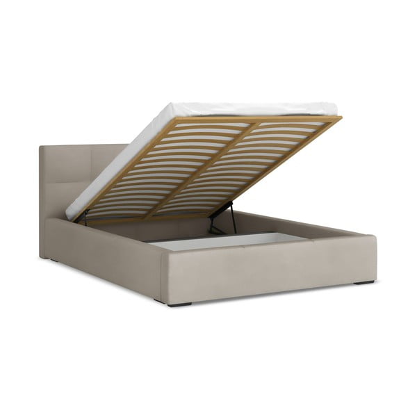 Smeđe-sivi baršunasti tapecirani bračni krevet s prostorom za odlaganje s podnicom 140x200 cm Hiko – Makamii-image-1