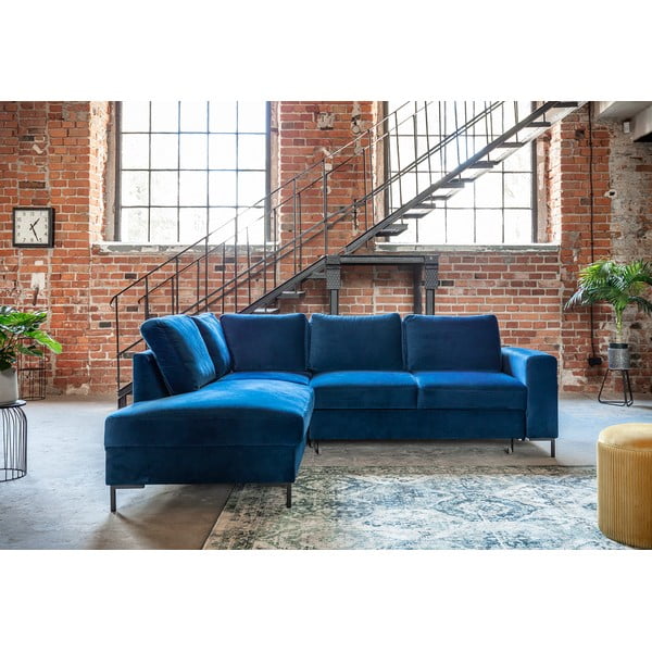 Tamno plava baršunasti sklopiva kutna garnitura (s lijevim kutom) Lofty Lilly – Miuform-image-1