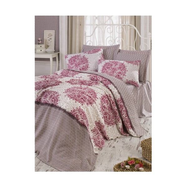 Ružičasti pamučni prekrivač za bračni krevet s jastučnicom Roma Fuchsia, 200 x 235 cm