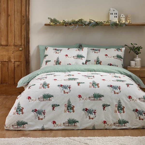 Zelena/u prirodnoj boji flanelska posteljina za bračni krevet 200x200 cm Brushed Christmas Dogs – Catherine Lansfield
