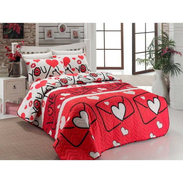 Lagana deka za bračni krevet s navlakom za jastuk Lovestory Red, 200 x 220 cm