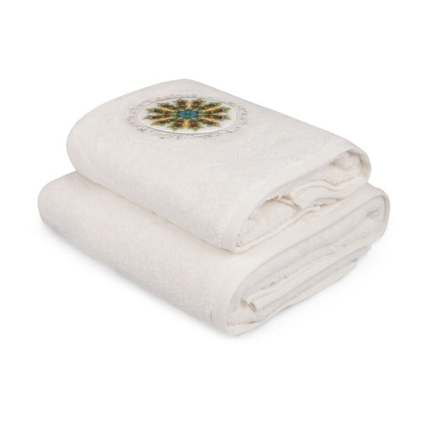 Set bijelih ručnika i bijelih ručnika sa šarenim Paon detaljima