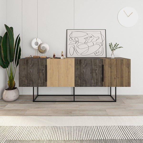 Smeđa/u prirodnoj boji niska komoda u dekoru hrasta 200x80 cm Titan – Marckeric-image-4