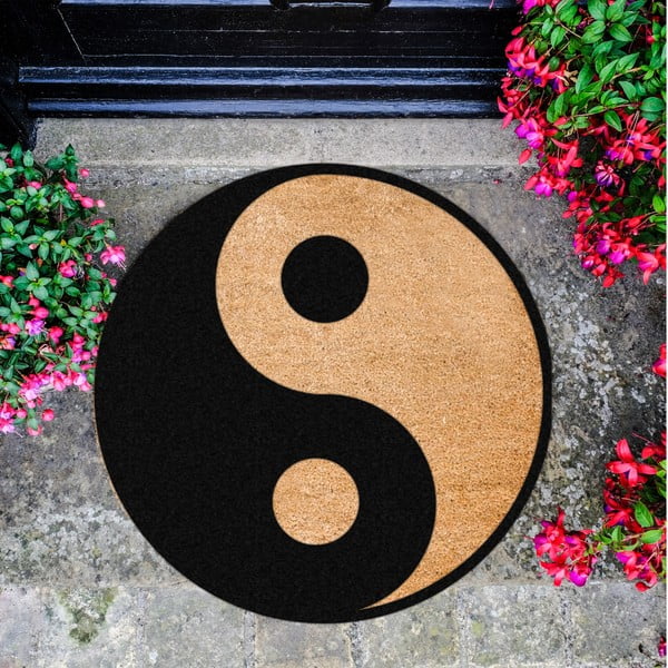 Crna okrugla prostirka od prirodnog kokosovog vlakna Artsy Doormats Yin Yang, ⌀ 70 cm-image-2