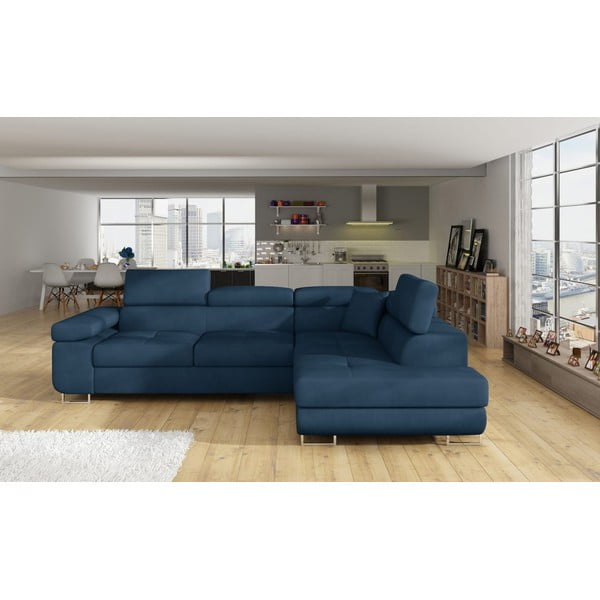 Plava baršunasti sklopiva/s prostorom za odlaganje kutna garnitura (s desnim kutom/u obliku slova L) Anton – ELTAP-image-1