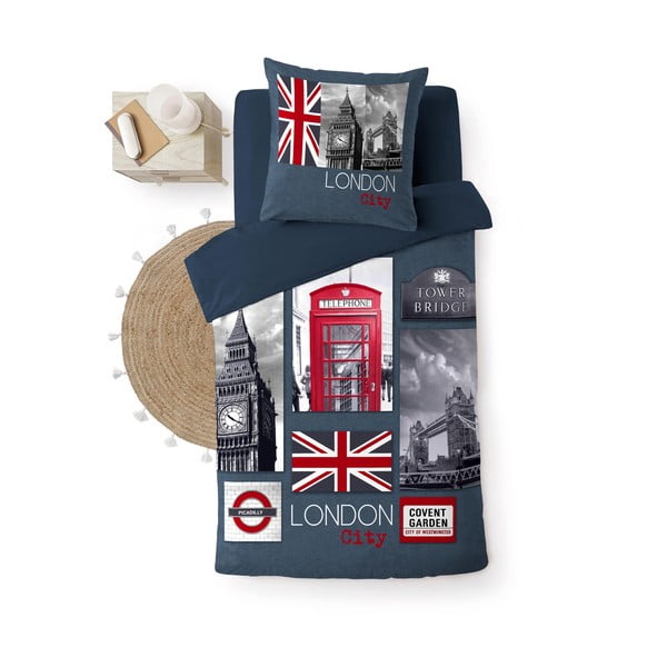 Tamno plava pamučna posteljina za krevet za jednu osobu 140x200 cm City London – douceur d'intérieur
