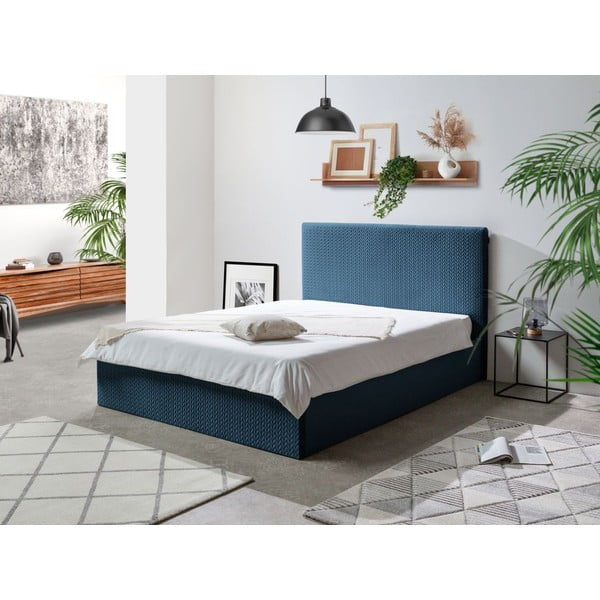 Tamnoplavi tapecirani bračni krevet s prostorom za pohranu s podnicom 160x200 cm Adele - Bobochic Paris-image-1