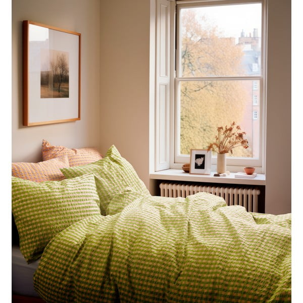 Zelena/ružičasta posteljina za krevet za jednu osobu od krepa 140x200 cm Bæk&Bølge – JUNA-image-1