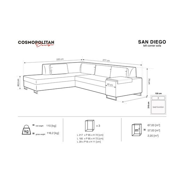 Sivi kauč na razvlačenje Cosmopolitan Design San Diego, lijevi kut-image-2