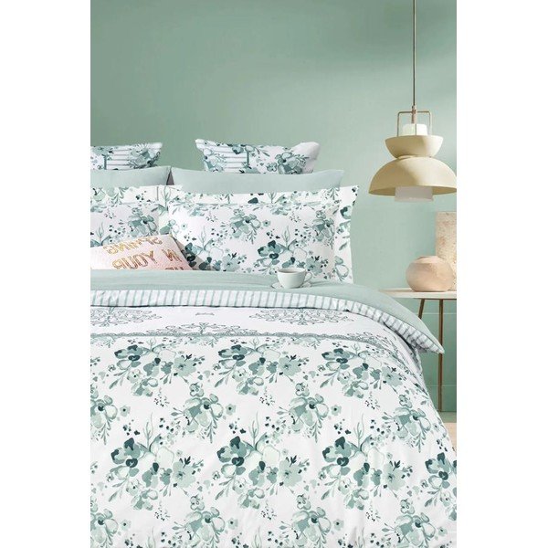 Bijela/zelena posteljina za bračni krevet/za produženi krevet od renforce pamuka s uključenom plahtom/4-dijelna 200x220 cm – Mila Home-image-1