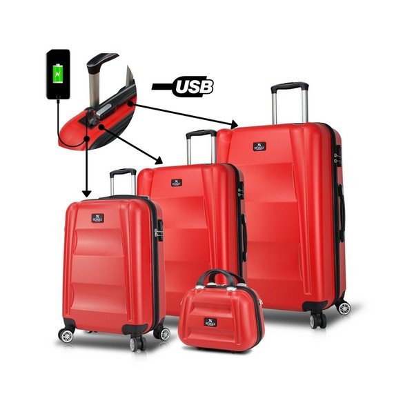 Set od 3 crvena putna kovčega na kotačima s USB priključcima i My Brice LASSO Travel Set-image-4