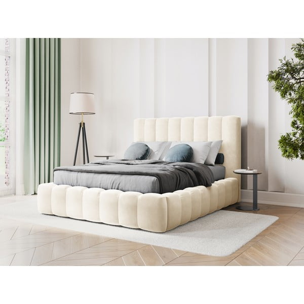 Bež tapecirani bračni krevet s prostorom za pohranu s letvičastom podnicom 200x200 cm Kelp - Micadoni Home-image-1
