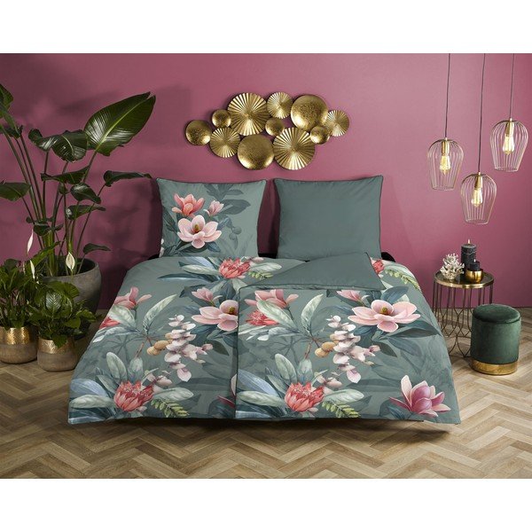 Zelena posteljina od organskog pamuka Descanso Rose, 140 x 220 cm-image-1