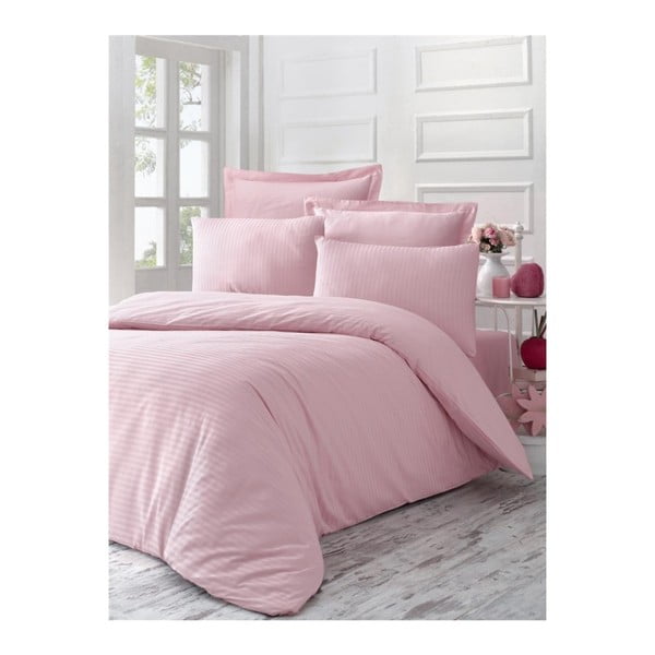 Ružičaste pamučne satenske posteljine s bračnim krevetom Poline, 200 x 220 cm