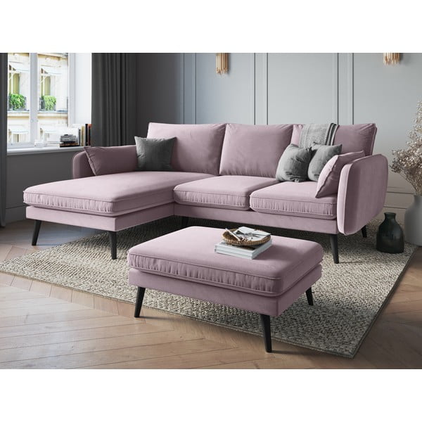 Svijetloružičasta baršunasta kutna garnitura s crnim nogama Kooko Home Lento, lijevi kut-image-1
