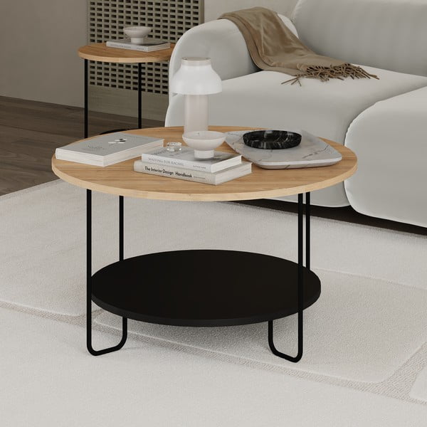 Crni/u prirodnoj boji okrugao stolić za kavu s pločom stola u dekoru hrasta ø 80 cm Tonka – Marckeric-image-2