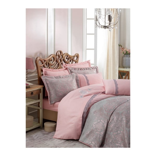 Ružičasto-sivi prekrivač za bračni krevet s jastučnicama Ornella, 250 x 260 cm