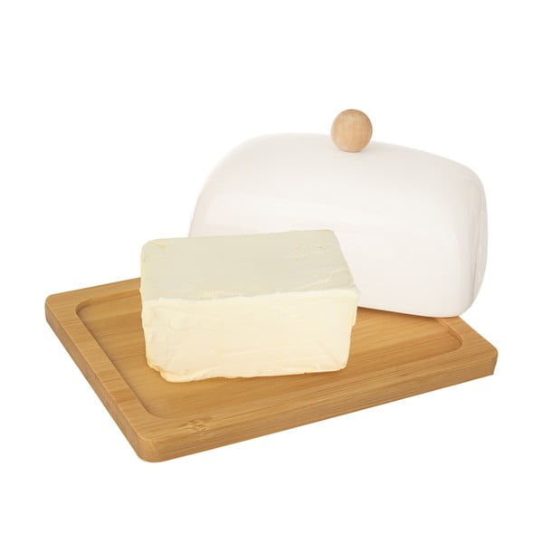 Posuda za maslac od bijelog porculana s podloškom od bambusa Orion Whiteline-image-1