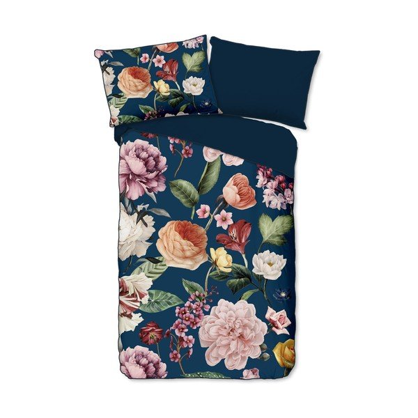 Tamno plava posteljina za krevet za jednu osobu/za produženi krevet od pamučnog satena 140x220 cm Fiori – Descanso