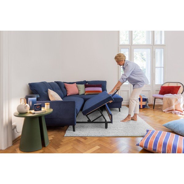 Tamnoplava baršunasta kutna garnitura na razvlačenje Miuform Stylish Stan L, desni kut-image-3