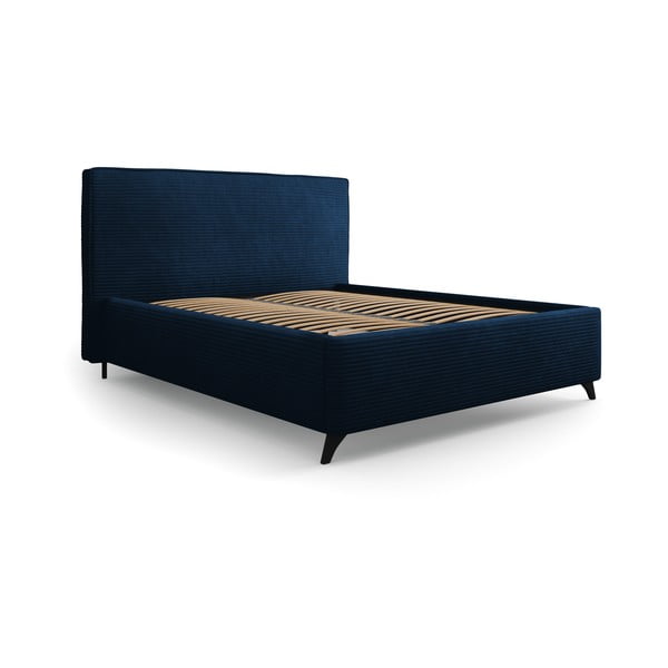Tamno plavi tapecirani bračni krevet s prostorom za pohranu s podnicom 180x200 cm Malou – Milo Casa