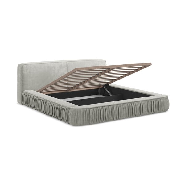 Svijetlo sivi tapecirani bračni krevet s prostorom za odlaganje s okvirom od letvica 140x200 cm Keoni - Makamii-image-1