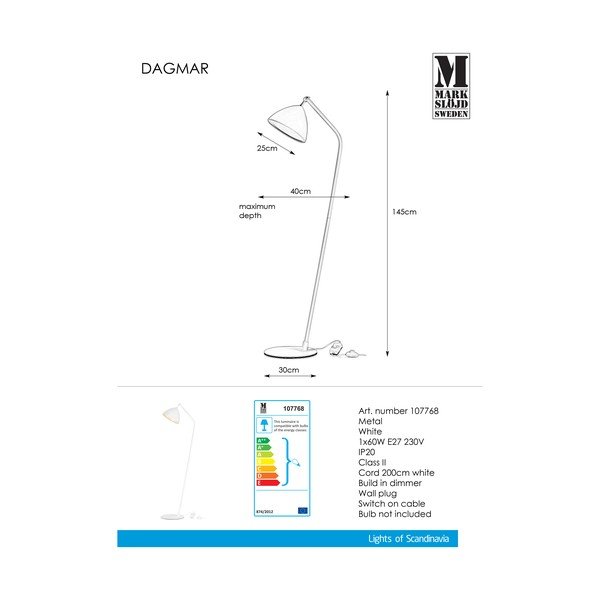 Bijela podna svjetiljka Markslöjd Dagmar Uno Floor White, visina 1,45 m-image-3