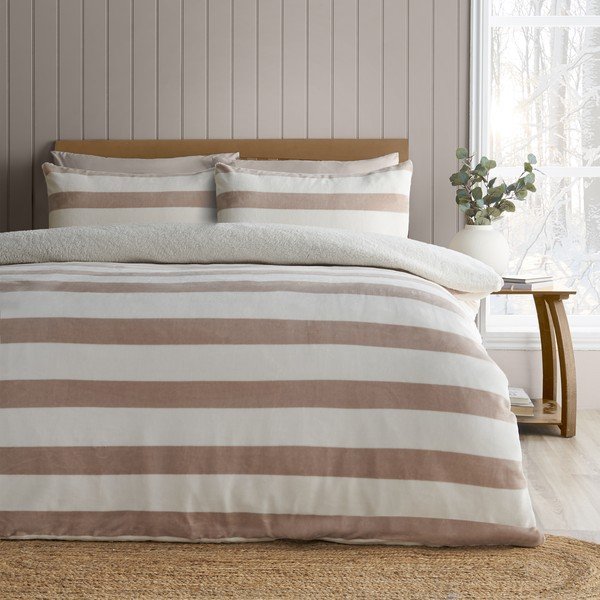 Posteljina za krevet za jednu osobu od sherpa flisa u prirodnoj boji 135x200 cm Cosy Sherpa Stripe – Catherine Lansfield-image-1