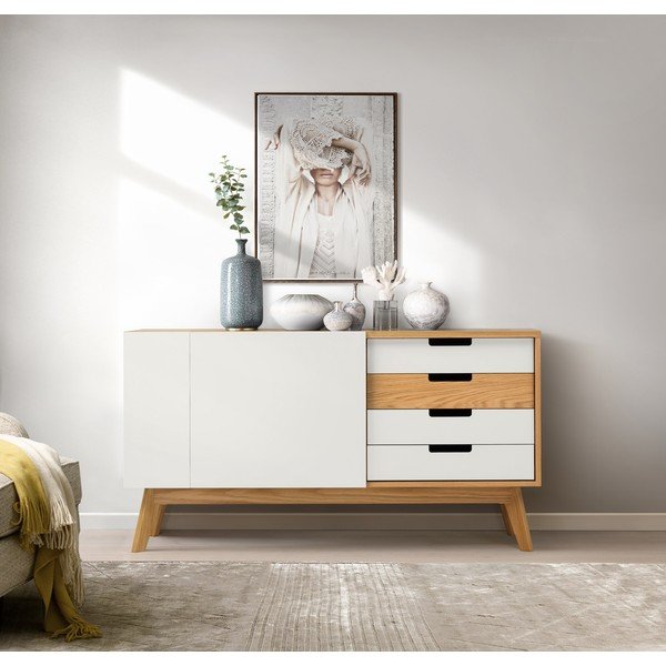 Bijela komoda sa detaljima prirodnod drva Woodman Lovac-image-1