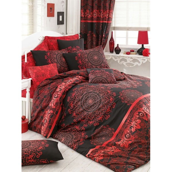 Crveno crna pamučna posteljina za bračni krevet sa plahtom i prekrivačem 220x240 cm Osmanli - Mijolnir