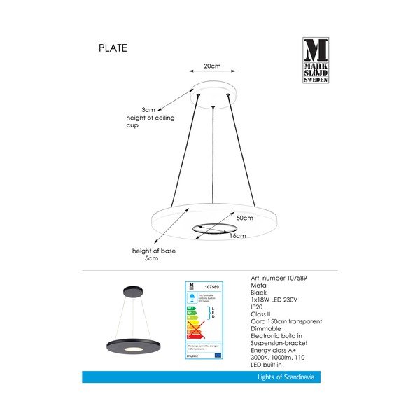 Crna viseća svjetiljka Markslöjd Plate, ø 50 cm-image-1