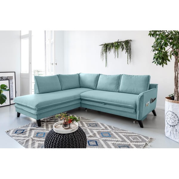 Svijetloplava baršunasta kutna garnitura na razvlačenje Miuform Stylish Charlie L, lijevi kut-image-4