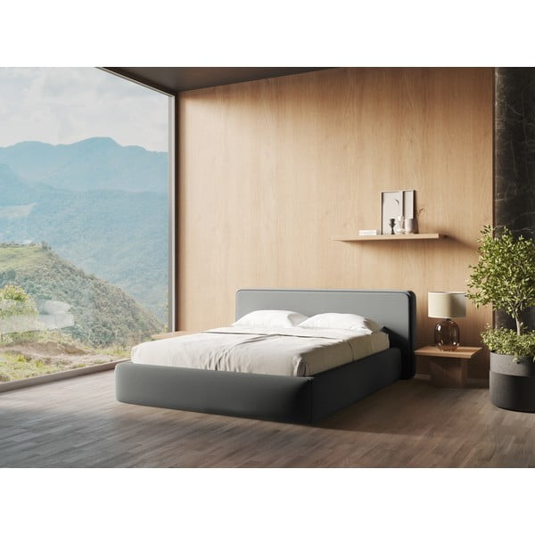 Sivi tapecirani bračni krevet s prostorom za odlaganje s podnicom 140x200 cm Kiana – Makamii-image-1