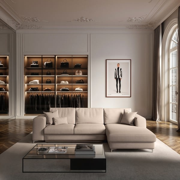 Bež baršunasti sklopiva/s prostorom za odlaganje kutna garnitura (s desnim kutom/s ležaljkom) Rene – Rodier-image-1