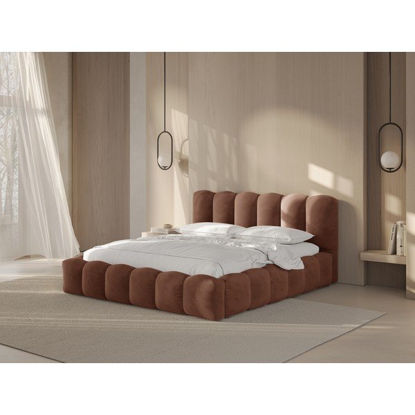 Smeđi tapecirani bračni krevet s prostorom za odlaganje s podnicom 180x200 cm Lupine – Micadoni -image-1