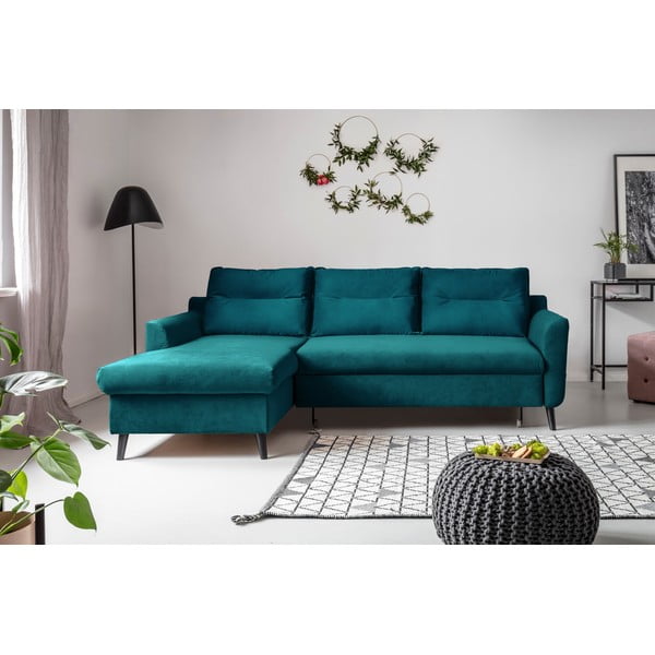 Tirkizna baršunasta kutna garnitura na razvlačenje Miuform Stylish Stan, lijevi kut-image-1