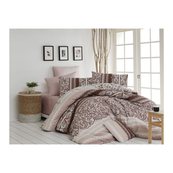 Smeđa pamučna posteljina s plahtama za bračni krevet Madeline, 200 x 220 cm