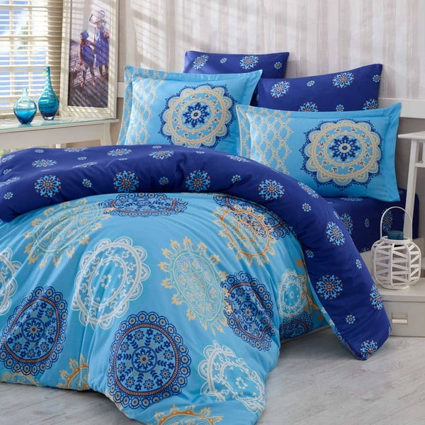 Pamučna posteljina s plahtama i 2 jastučnice otomansko plava, 200 x 220 cm
