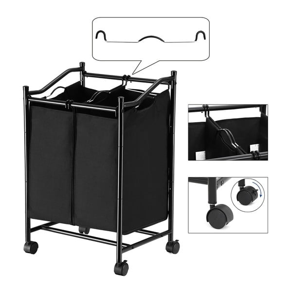 Crna košara na kotačićima s 2 pregrade za rublje Songmics-image-4
