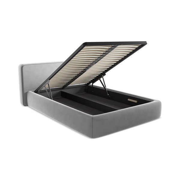 Sivi tapecirani bračni krevet s prostorom za odlaganje s podnicom 140x200 cm Kiana – Makamii-image-3