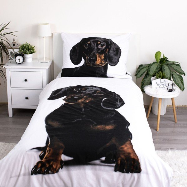 Crno-bijela pamučna dječja posteljina za krevet za jednu osobu 140x200 cm Dachshund – Jerry Fabrics-image-1