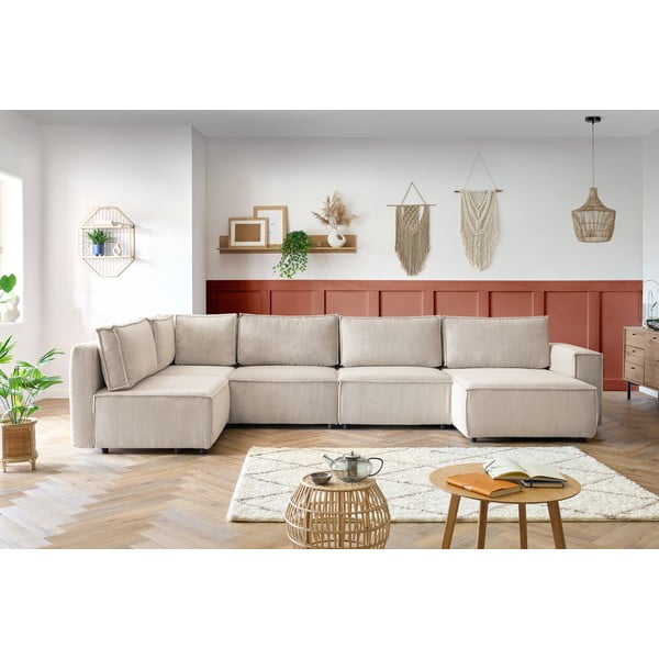 Krem kutna garnitura od samta (s lijevim kutom/u obliku slova "U") Nihad modular – Bobochic Paris-image-1